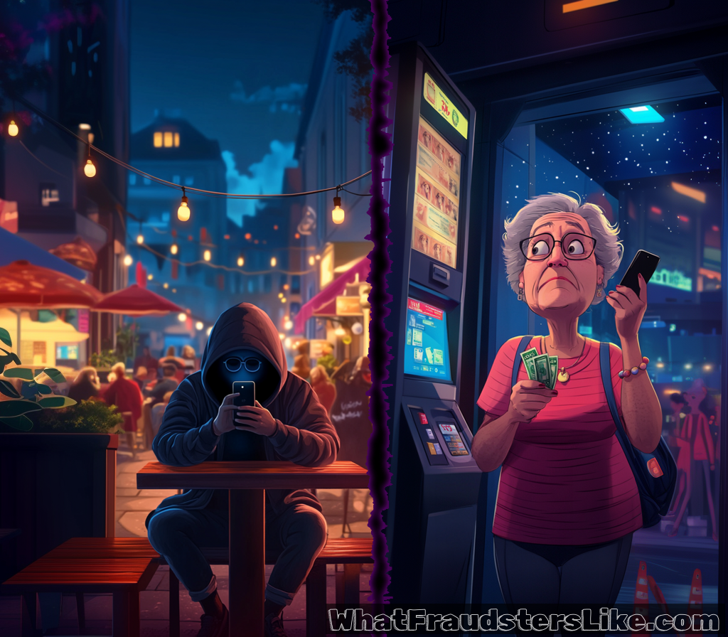The image is split vertically: on the left, a hooded figure sits alone at a cafe table, engrossed in a phone amidst a lively outdoor setting, while on the right, an elderly woman looks perplexed and concerned while holding cash and a phone near an ATM at night.